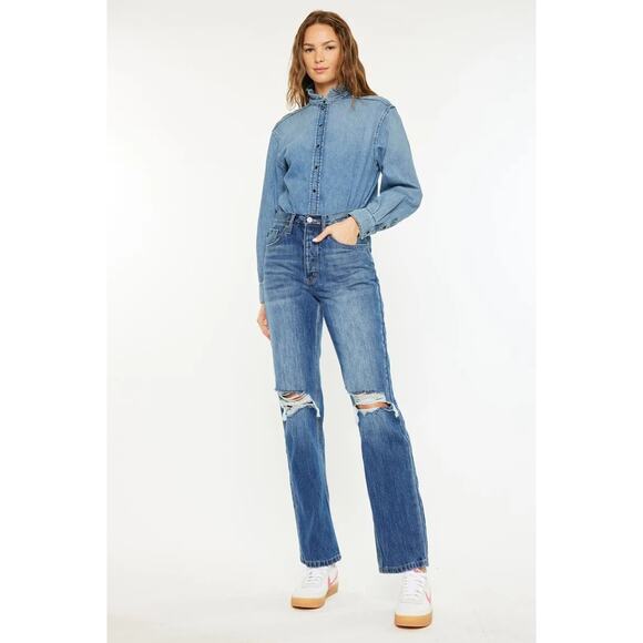 KanCan Ultra High Rise 90's Distressed Knee Medium Wash Boyfriend Denim Jeans - Picture 2 of 9